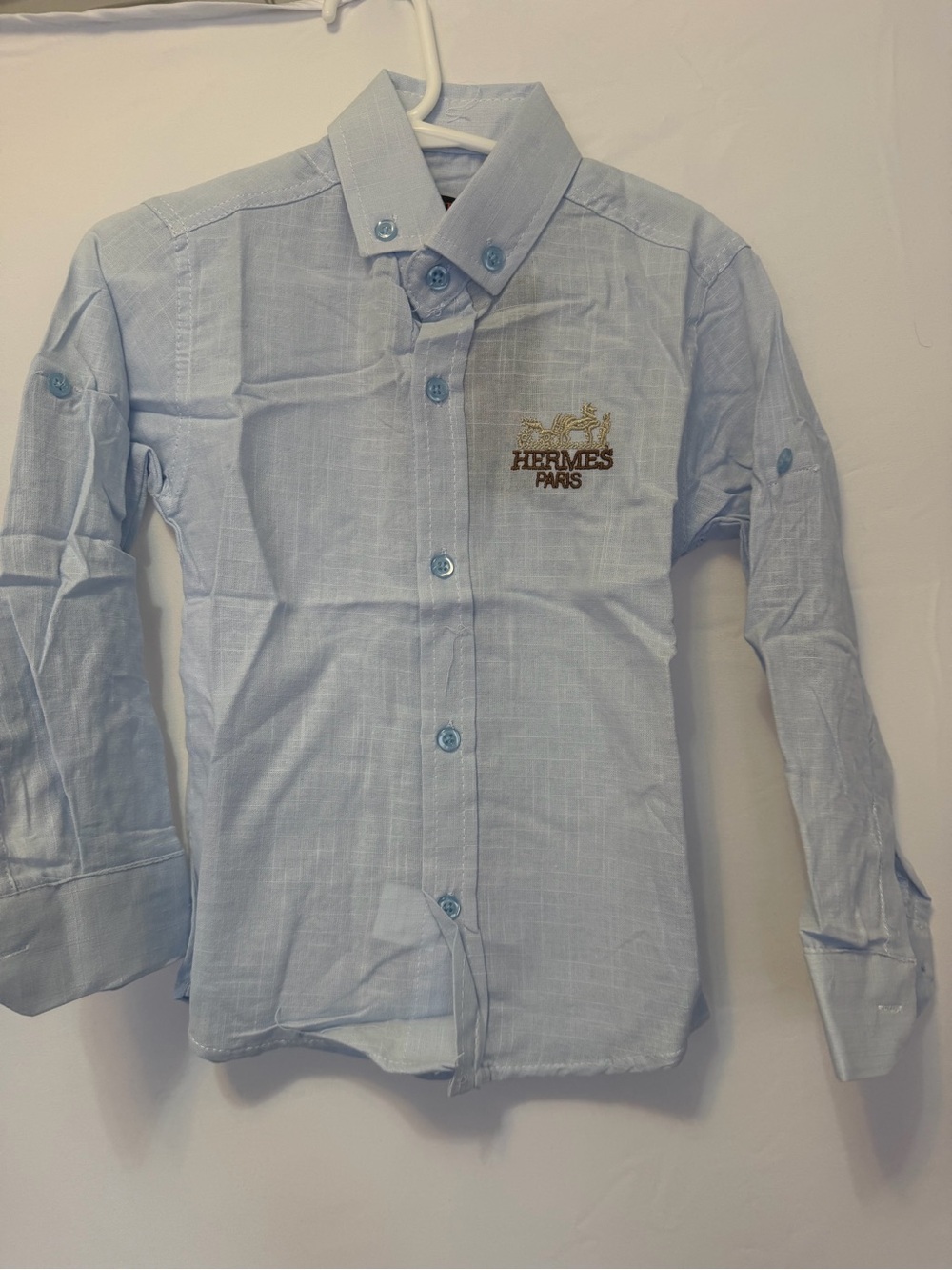 Hermes Light Blue Button-Down Kids Shirt with Gold Embroidered Logo